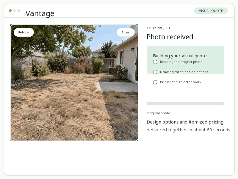 A visual quote being built from a yard photo, followed by an animated before and after comparison, three design choices, itemized pricing and a booking button